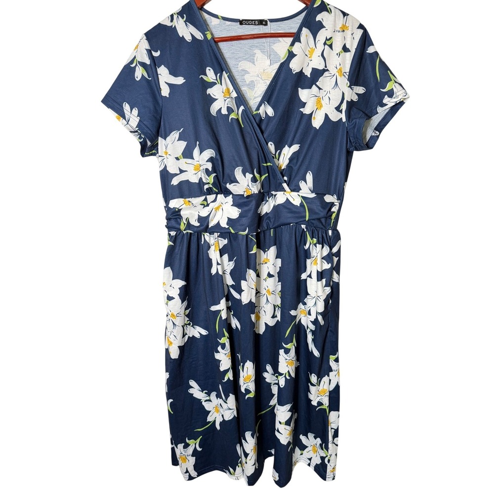 OUGES Women Navy Blue White Lily Floral Wrap V-Neck Empire Waist Pocket Dress XL
